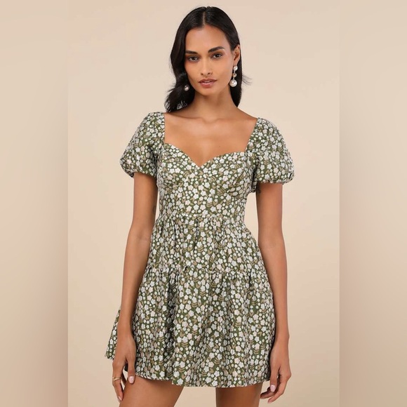 Lulus Dresses & Skirts - New Lulus Sz XL Confident Sweetheart Olive Floral Jacquard Tiered Mini Dress